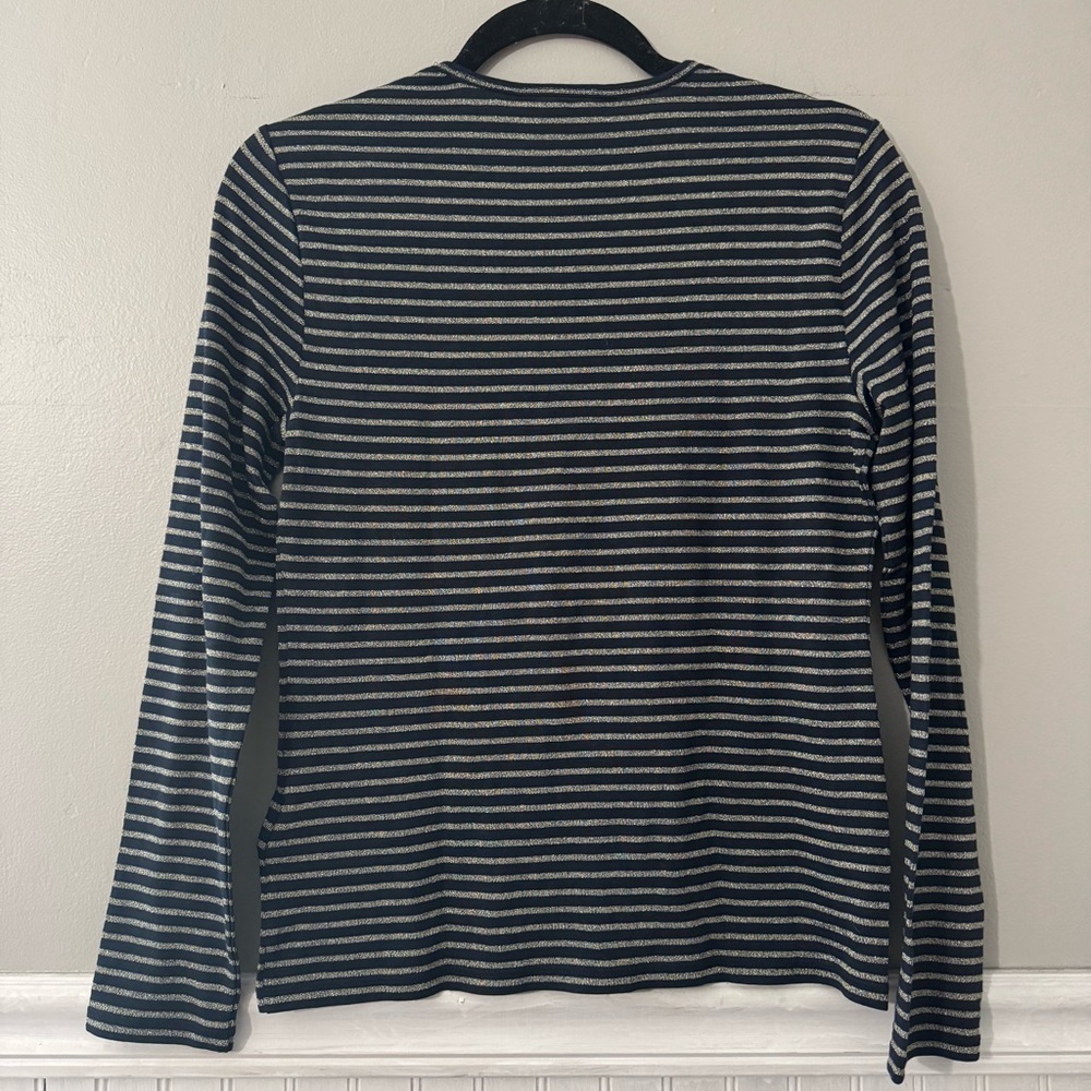 Lauren Ralph Lauren Black Label Navy Metallic Gold Striped Top Size PM/M NWT - Picture 2 of 10